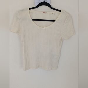 Levis Cream Ribbed Short-Sleeve Scoop Neck Stretch Top